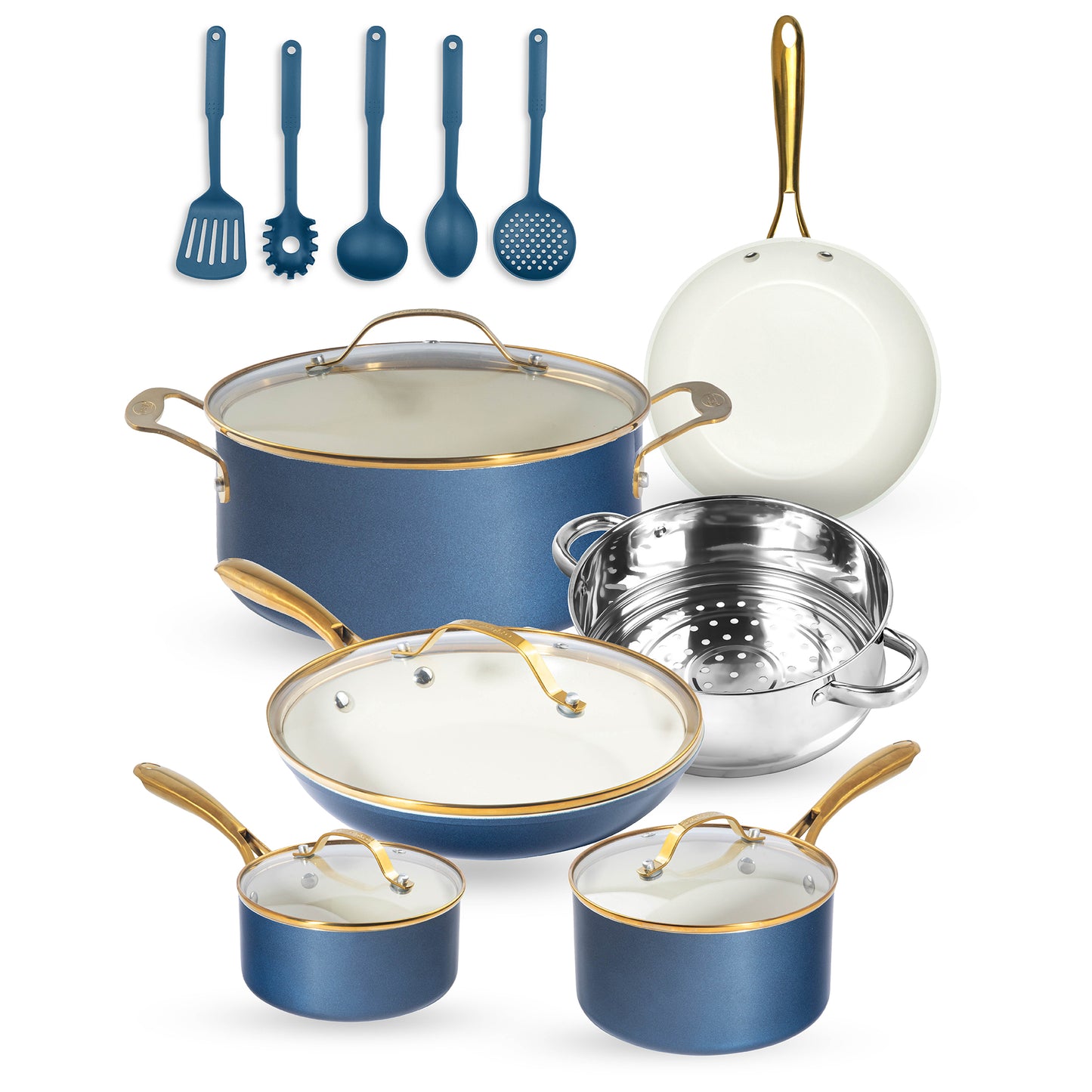 Gotham Steel Natural Collection 15pc Ceramic Cookware Set - Non-Stick Pots and Pans with Lids, Steamer, Nylon Utensils, Cool Touch Handles, Oven Safe, Dishwasher Safe