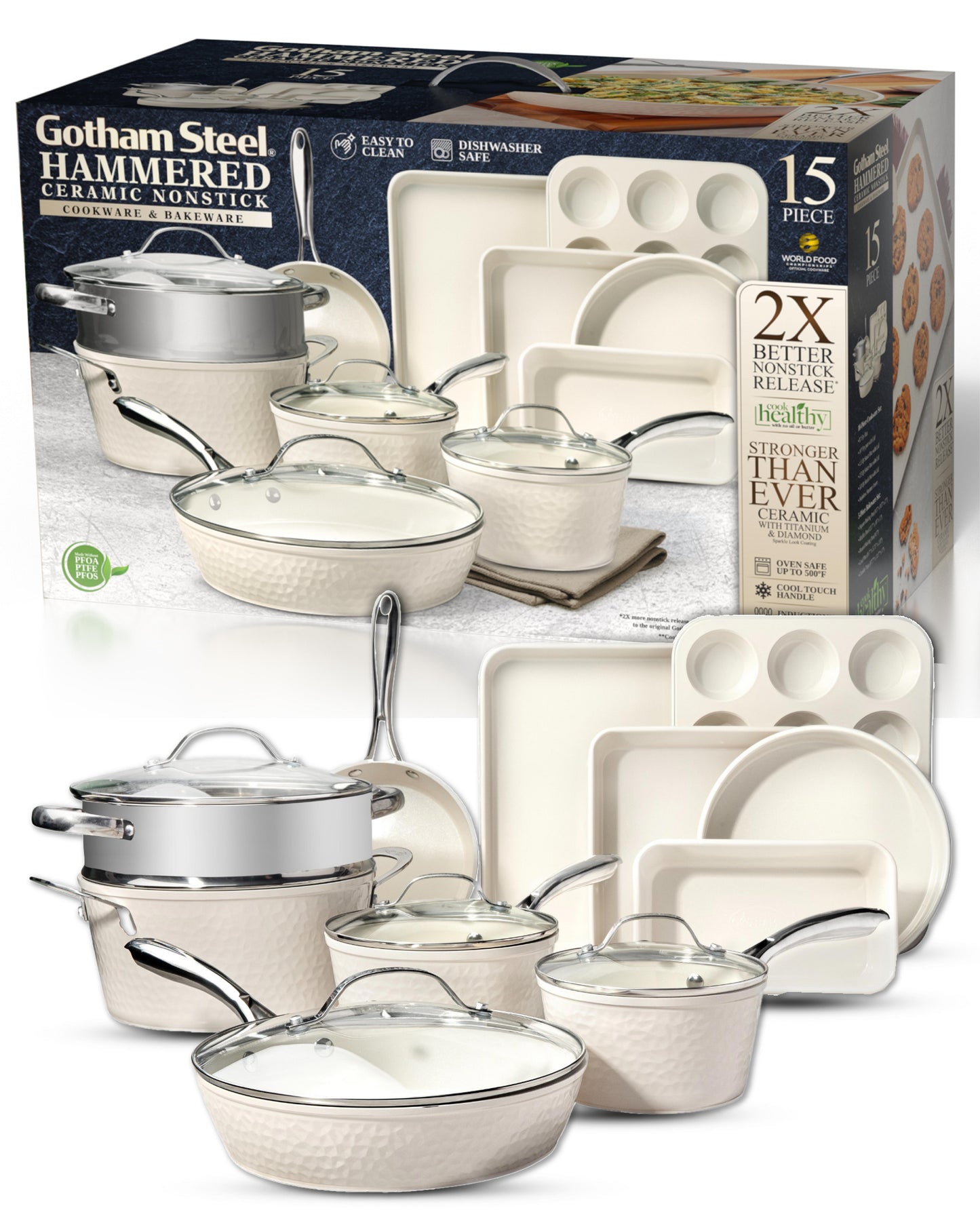 Gotham Steel 15 Piece Hammered Cream Cookware Set