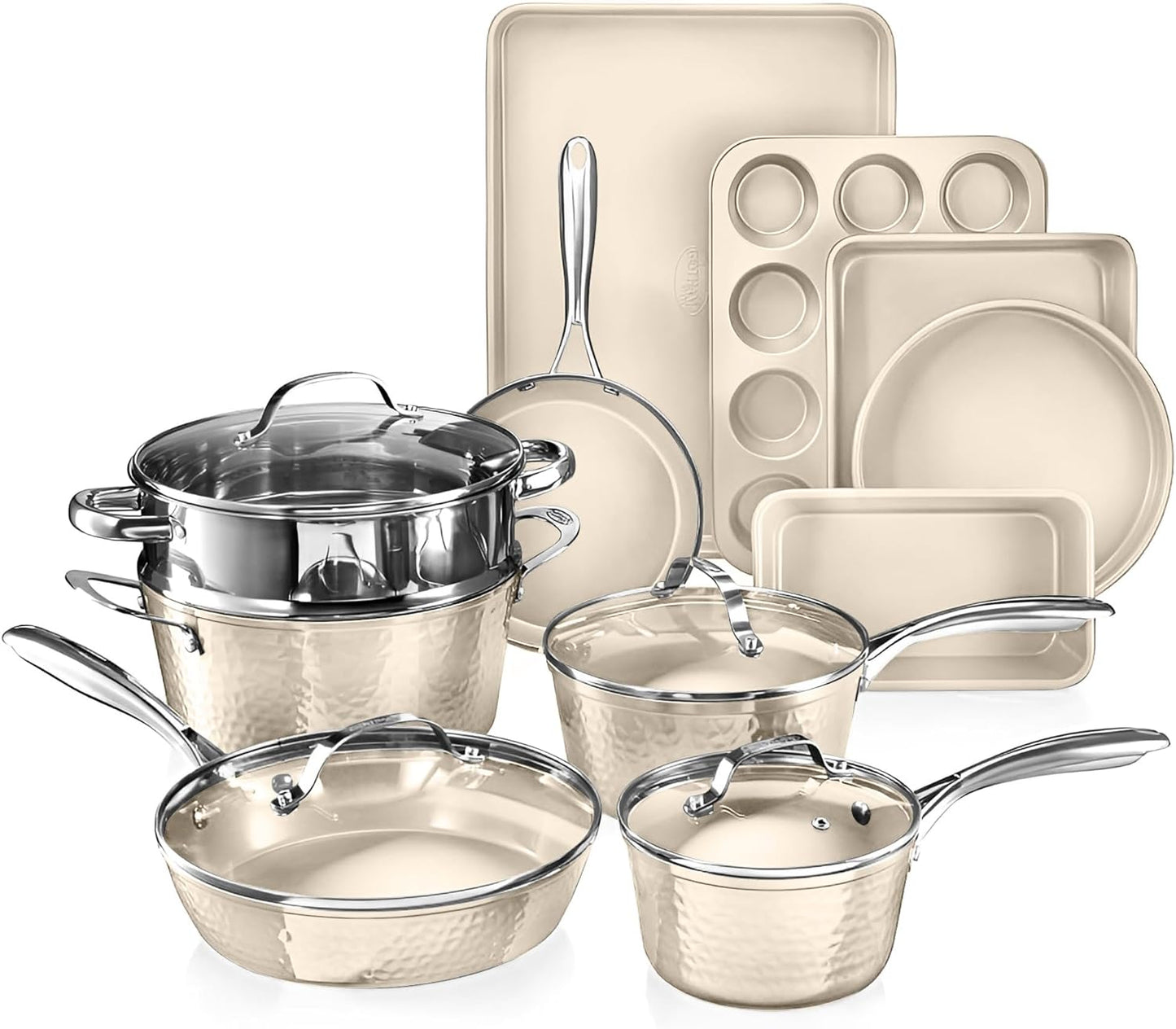 Gotham Steel 15 Piece Hammered Cream Cookware Set