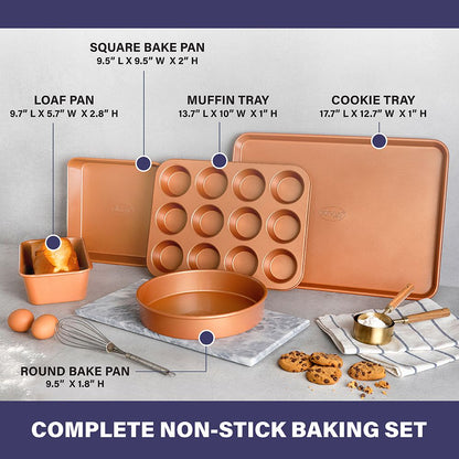 Non-Stick Ceramic 5-Piece Bakeware Set, Dishwasher Safe, Baking Pans Set with Round & Square Baking Pan, Muffin Pan, Loaf Pan & Baking Sheet for oven, 100% PFOA Free