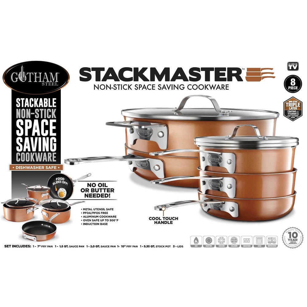 Gotham Steel Stackmaster 8-Piece Stackable Cookware Set - Fry Pans, Sauce Pot, Saute Pan, Crockpot and Lids