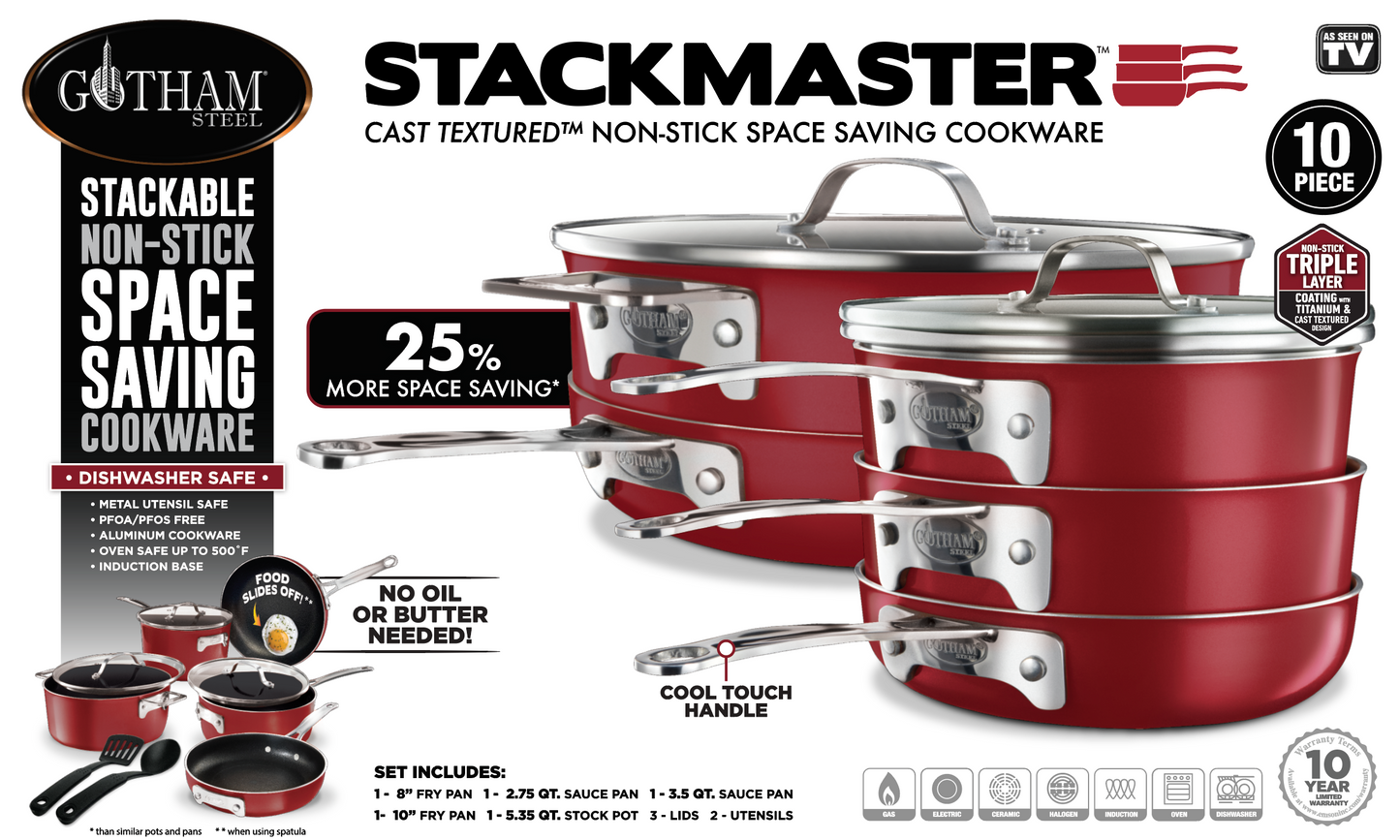 Gotham Steel Stackmaster 10-piece Stackable Red Cookware Set