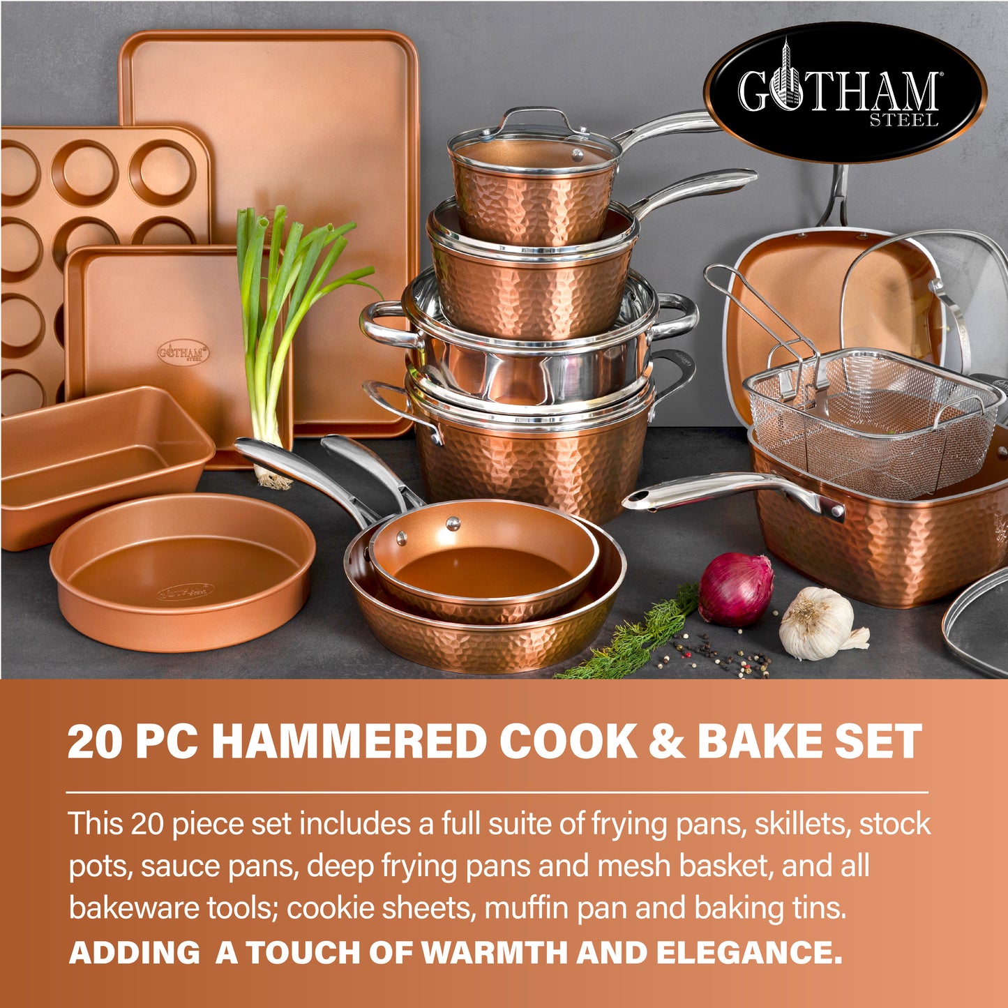 Gotham Steel Hammered Copper 20-Piece Ceramic Kitchen in a Box Aluminum Cook, Bake, Steam & Fry Set