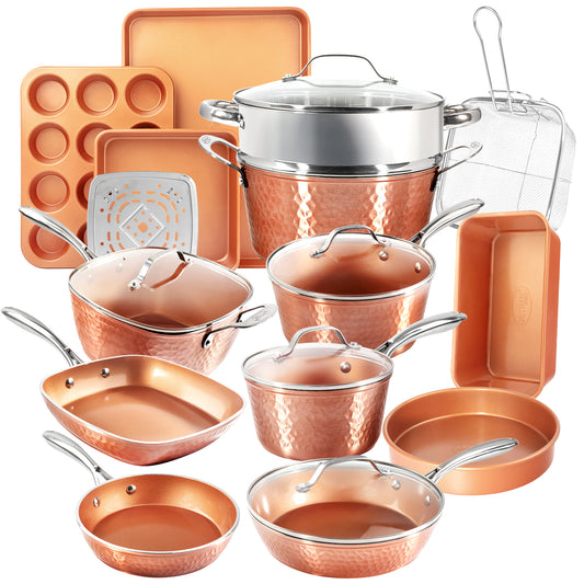 Gotham Steel Hammered Copper 20-Piece Ceramic Kitchen in a Box Aluminum Cook, Bake, Steam & Fry Set